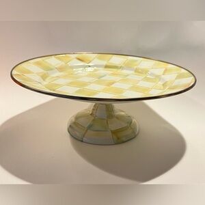 Mackenzie-Childs parchment check pedestal cake stand, cake platter 12” dia.